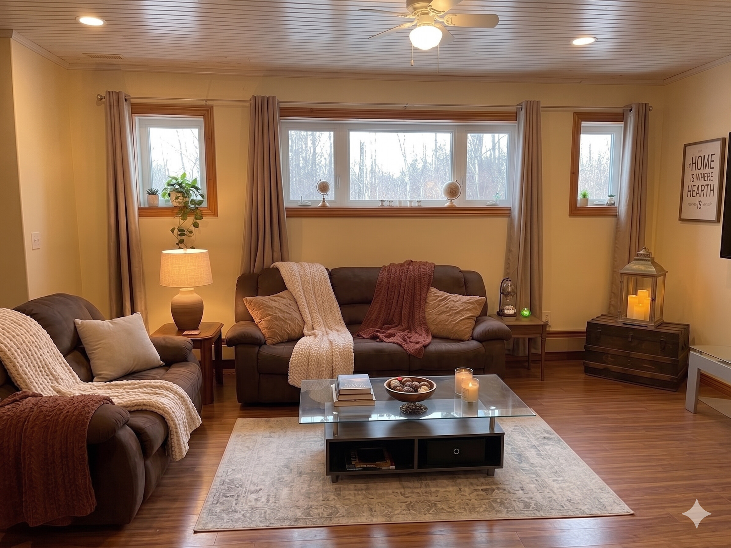 Cozy room with lit wood stove